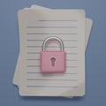 3D render Documents icon with pink lock on blue background. Sensitive data and information. Data or file protection. Data security