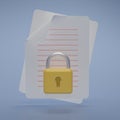 3D render Documents icon with yellow lock on blue background. Sensitive data and information. Data or file protection. Data