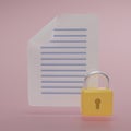 3D render Documents icon with yellow lock on pink background. Sensitive data and information. Data or file protection. Data