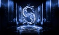 3D render dollar symbol of plexus particles in the center of the data center among modern computing equipment, the