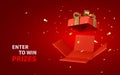 3D render and draw by mesh realistic open red gift box and confetti. Enter to Win Prizes. Vector Illustration Royalty Free Stock Photo
