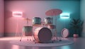 3d render of drum kit in a room with pink wall and floor lamp