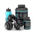 3d render of dumbbells with BCAA and whey bottles