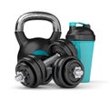 3d render of dumbbells, kettlebell and shaker