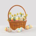 3d render of easter basket with colorful easter eggs Royalty Free Stock Photo