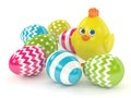3d render of Easter chick with painted eggs Royalty Free Stock Photo