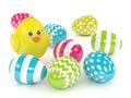 3d render of Easter chick with painted eggs Royalty Free Stock Photo