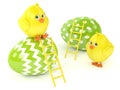 3d render of Easter chicks with painted eggs Royalty Free Stock Photo