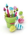 3d render of Easter eggs and paintbrushes in bucket Royalty Free Stock Photo