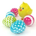 3d render of Easter funny chick with painted eggs Royalty Free Stock Photo