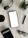 Efficient Tech Workspace Flat Lay with Smartphone and Calculator 3D Render