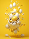 3d render of egg splashing out of bucket on yellow background Royalty Free Stock Photo