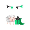 3d render eid al adha sheep with bunting and gift box design isolated