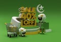 3D Render Eid Mubarak Scene of Minimal Podium Scene for Display Products Design Concept of 40% Sale OFF Eid al adha Sale Event