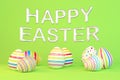 3d render - eight colorfu Easter eggs on green background - balloons - happy easter