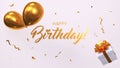 3d render elegant inscription happy birthday with golden balloons, confetti on a white background.