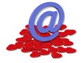 3D Render email symbol over many red hearts on white background, stock photo