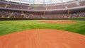 3D render of empty baseball arena, open air stadium on daytime. Blurred imaged of sport fans on tribune