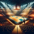 3D render of an empty basketball arena with floodlights and seats