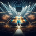 3D render of an empty basketball arena with floodlights and seats