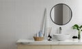 3D render an empty counter with ceramic washbasin and modern style faucet in a bathroom. Blank space for products Royalty Free Stock Photo