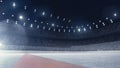 3D render of empty hockey arena with blurred fan zone, flashlights. Empty ice rink before competition Royalty Free Stock Photo