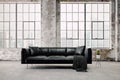 3d render of empty industrial vintage interior with black leather couch