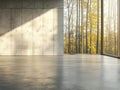 A 3D render of an empty loft space with a nature view features polished concrete floors and walls, black steel Royalty Free Stock Photo