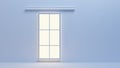 3d render, empty room with glass large window and cornice, front view. Realistic interior with blue wall and floor in Royalty Free Stock Photo