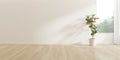 3d render of empty room with wooden floor and vase of plant on nature background