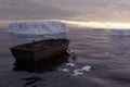 3d render of empty rowboat and icebergs at sunset