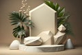 3d render empty space white marble textured podium with monstera leaf house plant. Podium for product shoot. AI Generative Royalty Free Stock Photo