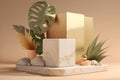 3d render empty space white marble textured podium with monstera leaf house plant. Podium for product shoot. AI Generative Royalty Free Stock Photo