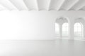 3d render of empty white room with arch door and concrete floor on nature background Royalty Free Stock Photo