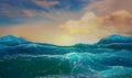 3d render evening seascape rough sea or ocean waves foam