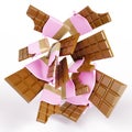 3d render explosion of chocolate bars in golden pink wrapper. Flying whole and bite choco desserts in open foil or paper