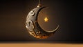 3D Render of Exquisite Crescent Moon With Hanging Golden Shiny Star. Islamic Religious