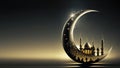 3D Render of Exquisite Crescent Moon With Shiny Mosque And Copy Space. Islamic Religious