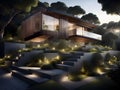 3d render of an exterior house in night with garden view