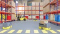 3D render of AGV are carrying carton in smart warehouse