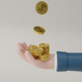 3d render Falling gold coins in hand and isolate on white background. Growth, income, savings, investment. Symbol of wealth.