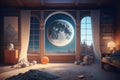 3d render of fantasy bedroom interior with large window and big moon