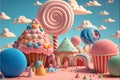 3D Render, Fantasy Colorful Candyland Background With Cupcake, Candies, Ice Cream,