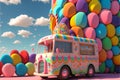 3D Render, Fantasy Colorful Food Truck of Candy Land And Clouds