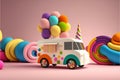 3D Render, Fantasy Colorful Food Truck of Candyland On Pink