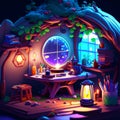 3d render of fantasy fairytale scene. Fairytale landscape with castle, window, moon,Cartoon illustration. Generative AI