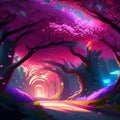 3D render of a fantasy forest with neon lights. 3D illustration Generative AI Royalty Free Stock Photo