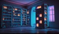 3d render of fantasy interior with bookshelf and neon lights Royalty Free Stock Photo