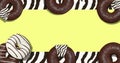 3d render fashion collage flat lay scene..Chocolate black and white donuts on zebra print background. Donut time concept.