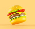 3d render fast food burger icon. Flying hamburger with bread, sesame, meat, cheese, salad, tomato, onions, isolated